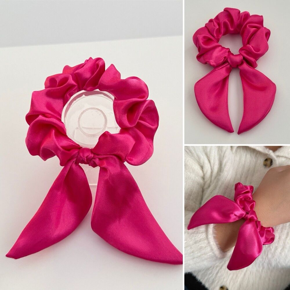 Luxury Hot Pink Satin Bow Scrunchie Handmade – Statement Hair Accessory - Picture 7 of 16